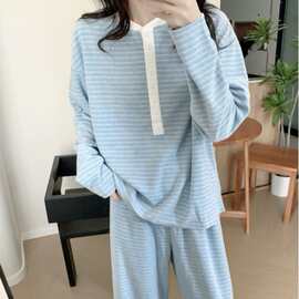韩国ins女韩系条纹毛巾布绒感针织睡衣套装休闲舒适家居服可外穿