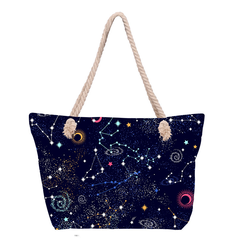 Bolso de playa impreso para mujer de venta caliente transfronterizo Bolso de lona portátil de gran capacidad Bolso de hombro junto al mar Bolso de mano con cuerda de algodón