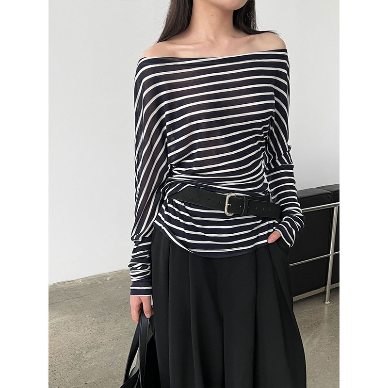 Luxi French-Style Minimalist Fine Striped Asymmetrical Shoulder Slim-Fit Top for Women, Tencel Long-Sleeve T-Shirt, Thin 2657
