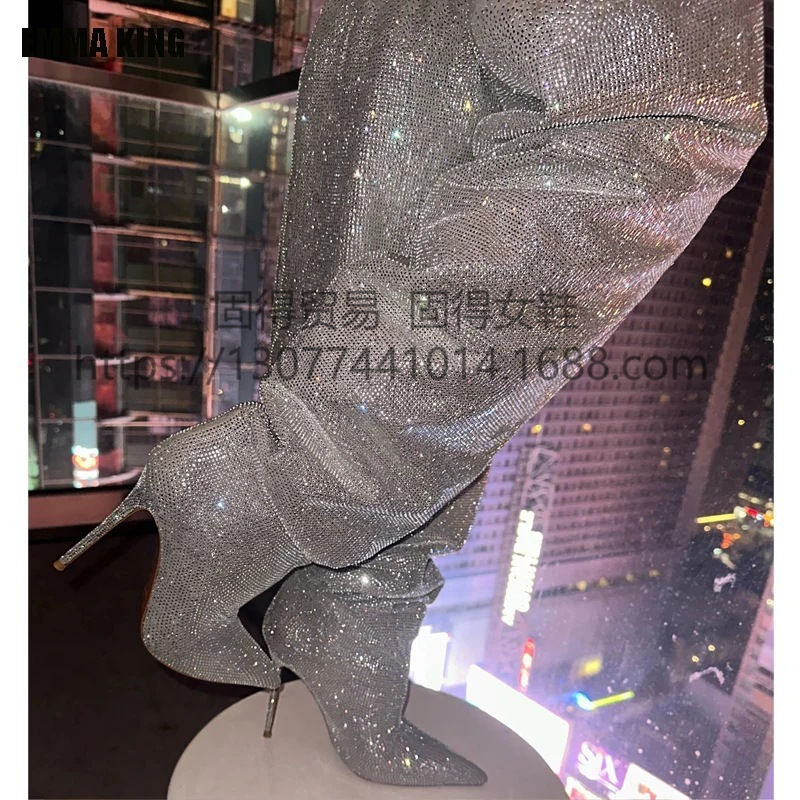 Independent station ins Fashion catwalk stiletto heel rhinestone BlingBling loose boots Fashion Shoes