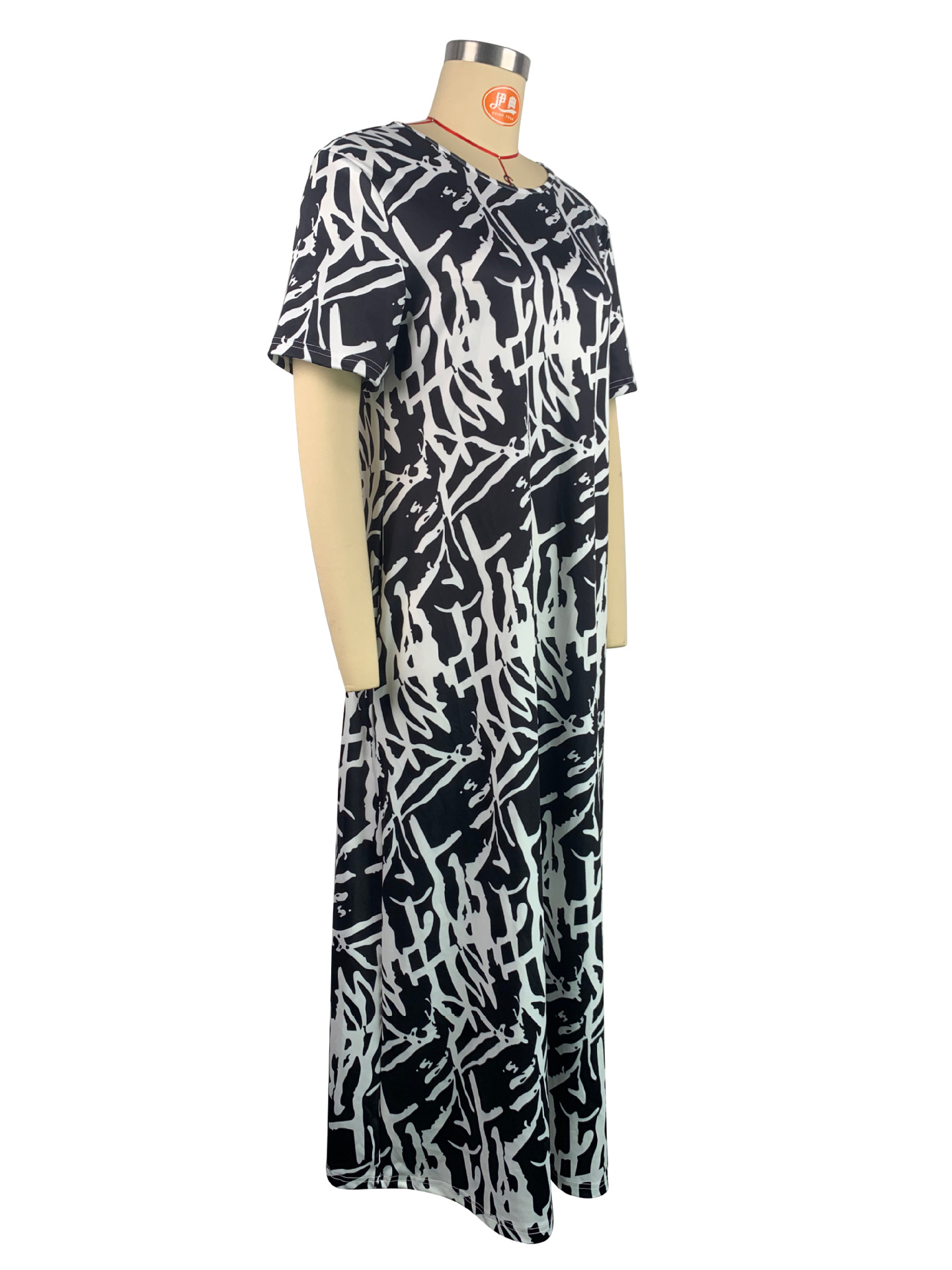 Casual Outing Abstract Printing Black White Short Sleeve Dress Comfortable Home Loose Dress