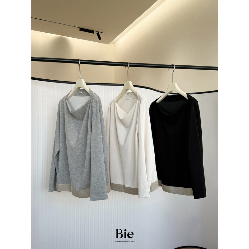 Non-Returnable, Non-Exchangeable, Color-Blocked Boat Neck Long-Sleeve Shirt for Women, Spring Casual Versatile Relaxed Loose Slimming Top