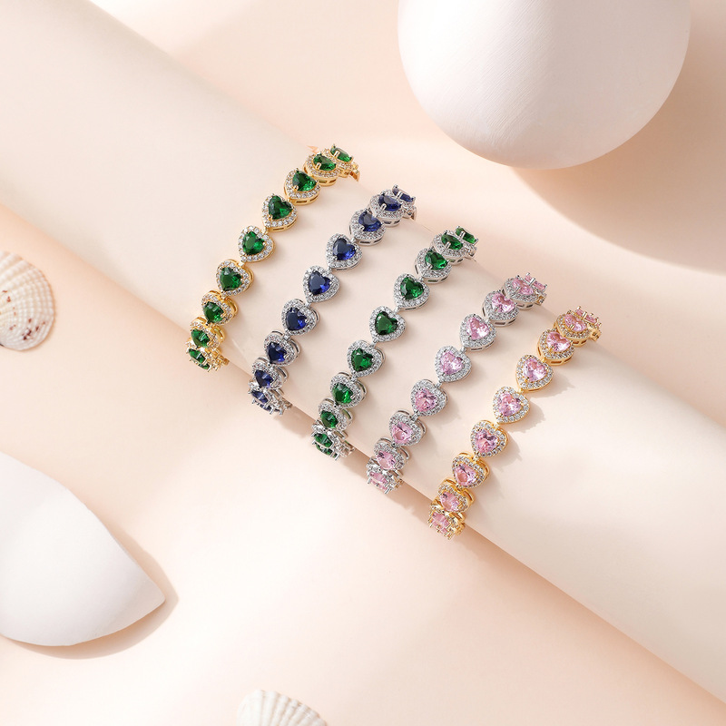 New Cross-border Micro-inlaid Color Treasure Bracelet Bracelet Internet Celebrity Hot Style Elegant Fashion Luxury Heart-shaped Zircon Bracelet Wholesale