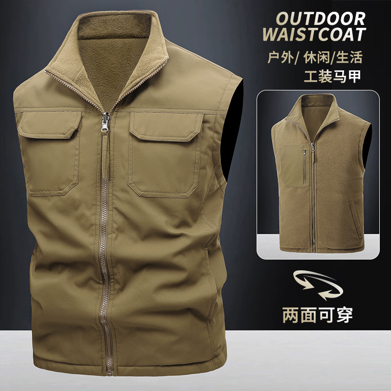 Primavera y otoño, uso de doble cara más chaleco de comercio exterior de terciopelo, chaleco de herramientas multibolsillo antisalpicaduras para exteriores para hombres, personalización avanzada