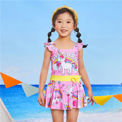 小黄鸭儿童泳衣女童可爱公主连体裙式三角女孩长袖分体中小童温泉