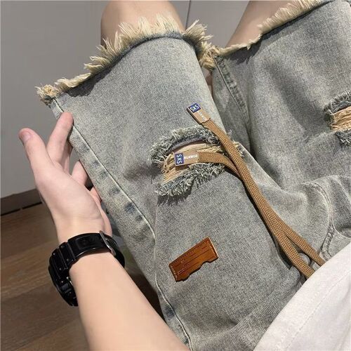 Vintage Frayed Hole American Street Style Men's Summer Thin Trousers Trendy Brand Cool Bad Boy Five-Finger Pants