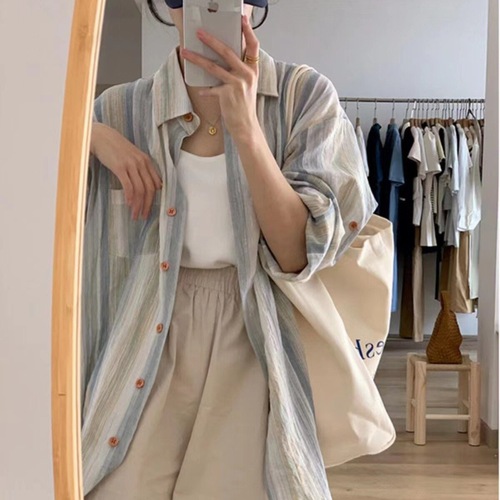 Striped Sunscreen Blouse Jacket for Women - Early Autumn 2024 New Arrival - Thin, Loose French Style Top with Design Sense, Unconventional Shirt