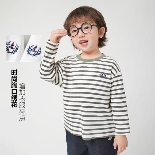 Boys' Antimicrobial Cotton Striped Long-Sleeve T-Shirt Autumn Wear Spring and Autumn Style Children's Baby Base Shirt Top Autumn