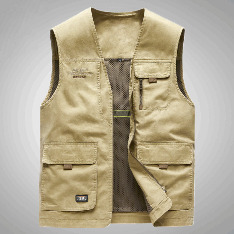 9827 Spring and Autumn Thin Men's Casual V-neck Vest for Middle-aged and Elderly Pure Cotton Large Size Waistcoat Vest with Multi-pocket Vest