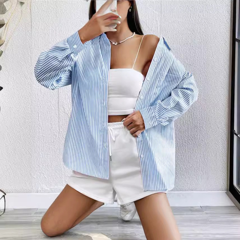 ヨーロッパとアメリカの貿易婦人服 2025 新しいアマゾンストライプカーディガントップルーズカジュアル長袖シャツ女性のための|undefined