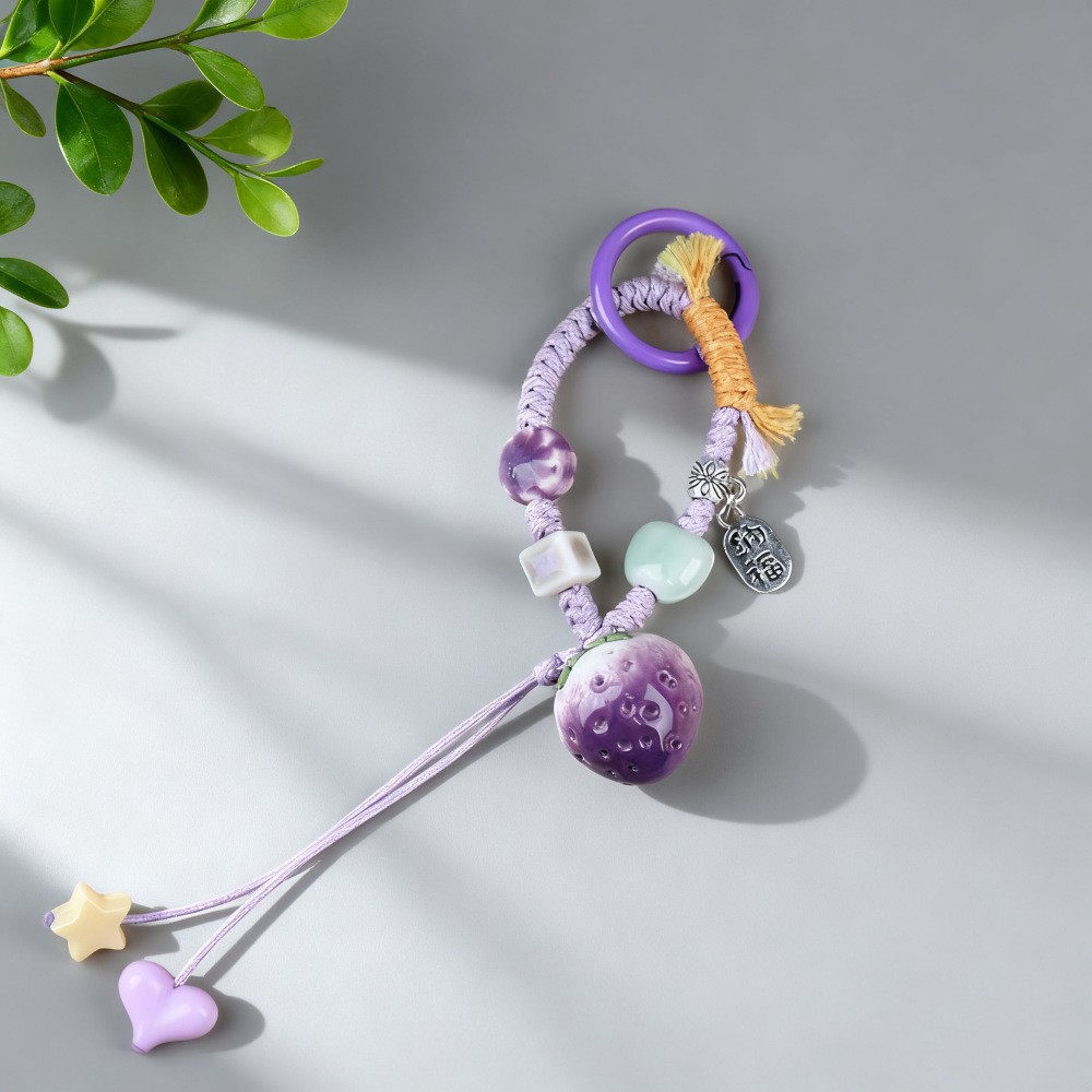 Jingdezhen cerámica hecha a mano colgante de cadena de teléfono móvil pareja llavero de dibujos animados frutas hojas de fresa colgar joyas
