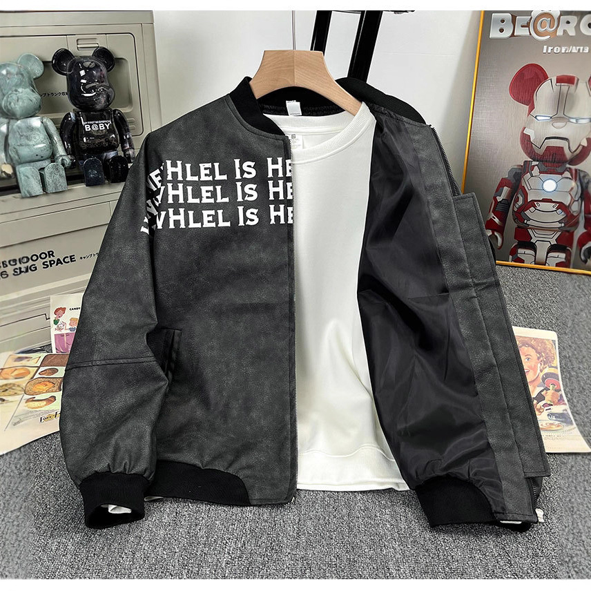 Cuello de béisbol chaqueta de cuero PU hombre primavera y otoño nuevo estilo americano letras de la calle alta impresa con chaqueta suelta