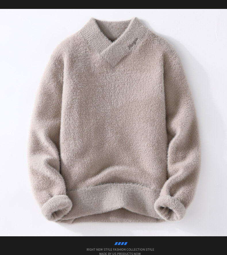 Men's Semi-Turtleneck Knit Sweater - Soft Rabbit Wool Blend, Loose Fit, Casual Winter Pullover For Teens & Adults (White, Beige, Black, Brown)​_voghion.com