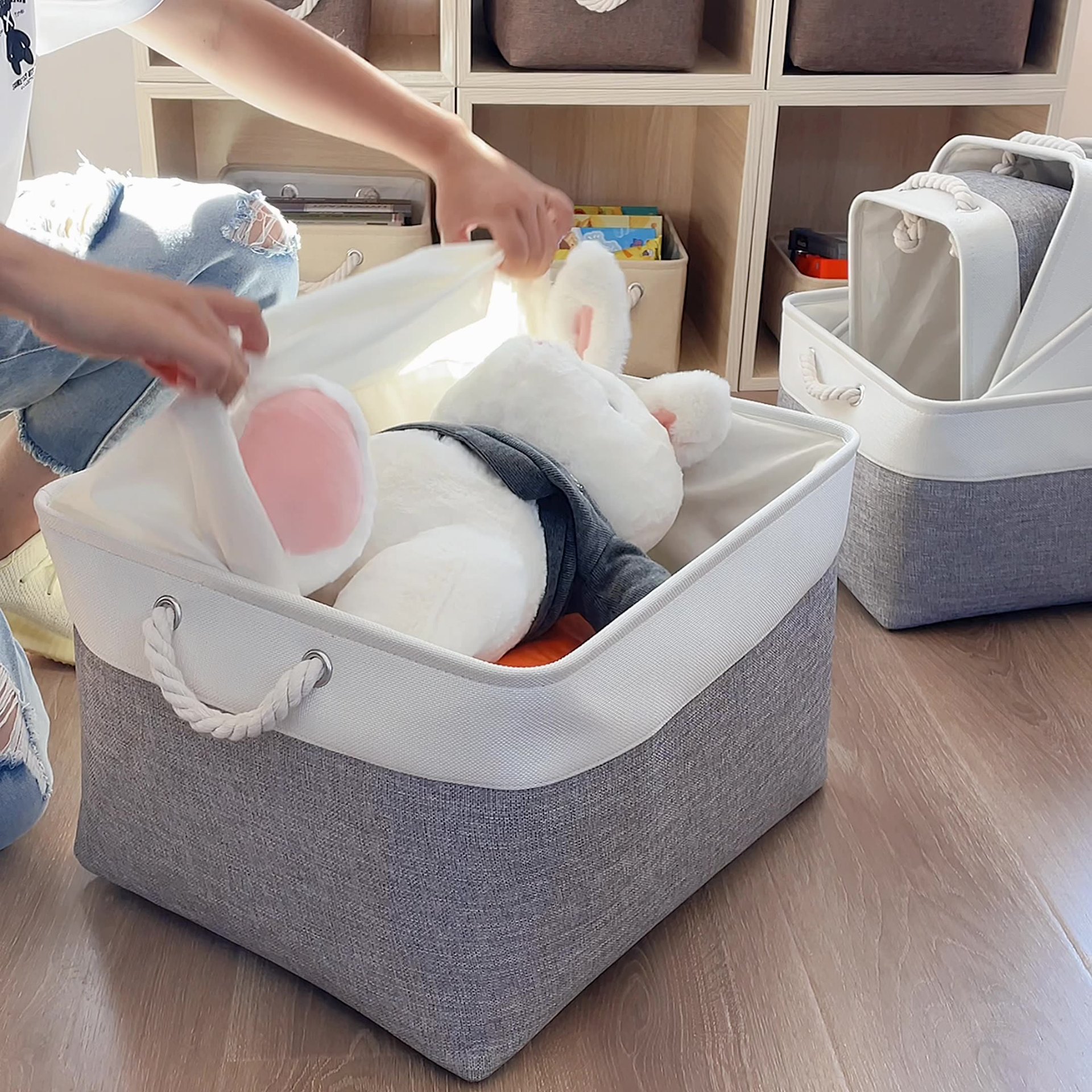 Algodón y lino portátil plegable cesta de almacenamiento caja de almacenamiento de tela cosmética a prueba de polvo cesta de almacenamiento