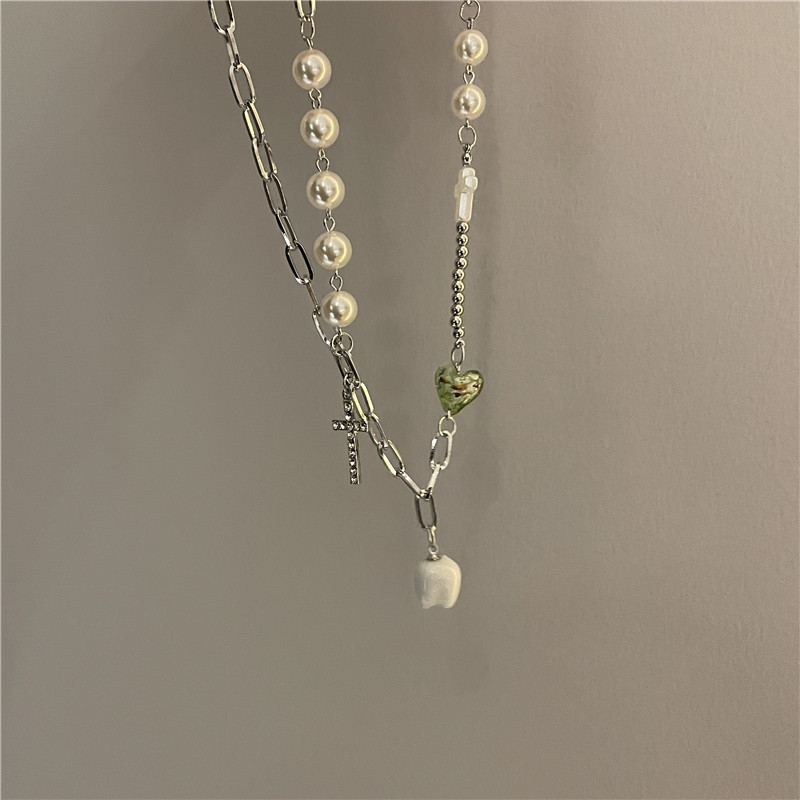 Fashion Bohemian Evil Eye Turquoise Handmade Beaded Pearl Cross Glass Stone Necklace