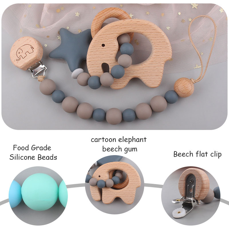 Bebé de dibujos animados animal clip de haya calmante bebé animal mordedor pulsera mordedura pegamento pezón anti-caída traje de cadena