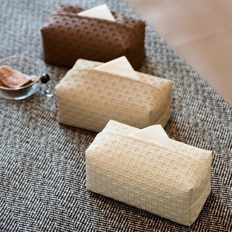Carefully Selected New Minimalist Rattan-Patterned Leather Tissue Box, Light Luxury Decoration for Tea Table, Bedroom, and Living Room, Leather Tissue Holder