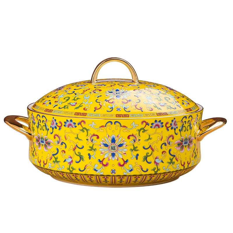 Эмалированная цветная большая миска с крышкой для супа Jingdezhen ретро переплетенный лотос Wanhua большая кастрюля для супа китайские миски с двумя ушками большая кастрюля для супа