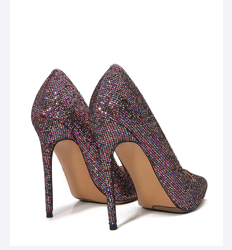 Giày cao gót nữ mũi nhọn gót siêu cao phủ sequins lấp lánh phong cách Âu Mỹ — Màu bạc, Màu sắc, Màu vàng, Màu đỏ chi tiết 33