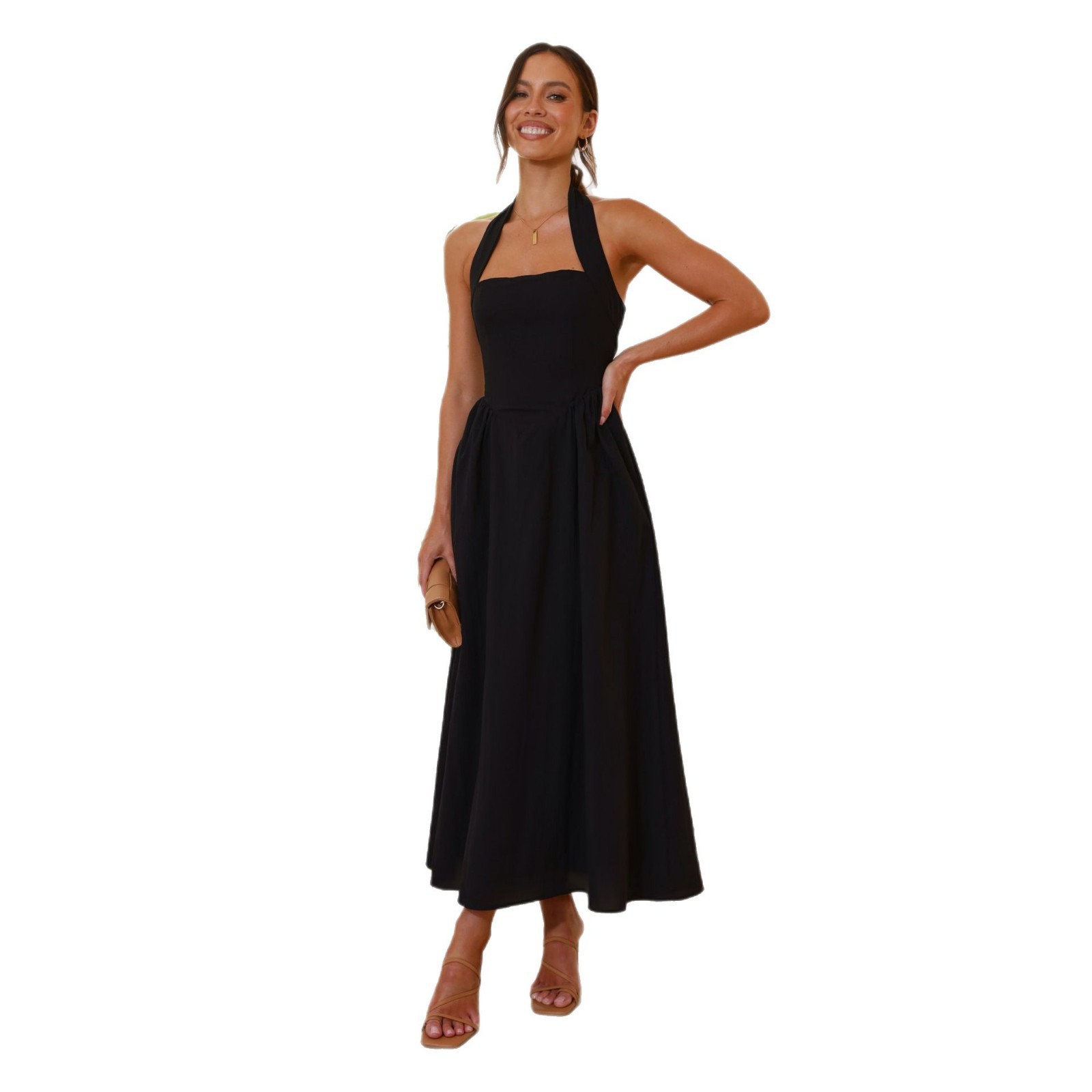 Comercio exterior Amazon Europa y Estados Unidos ropa de mujer transfronteriza 2025 nuevo temperamento de color sólido cuello cuadrado cintura colgante vestido de espalda abierta