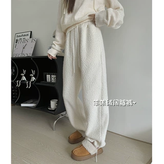 白色羊羔绒阔腿裤秋冬女装裤子女加绒卫裤显瘦高腰慵懒直筒运动裤