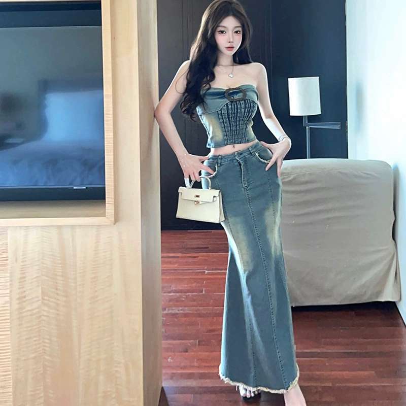Весенне-летний новый женский сексуальный джинсовый топ с необработанными краями, интернет-знаменитость, высокая юбка средней длины с рыбьим хвостом, костюм-двойка