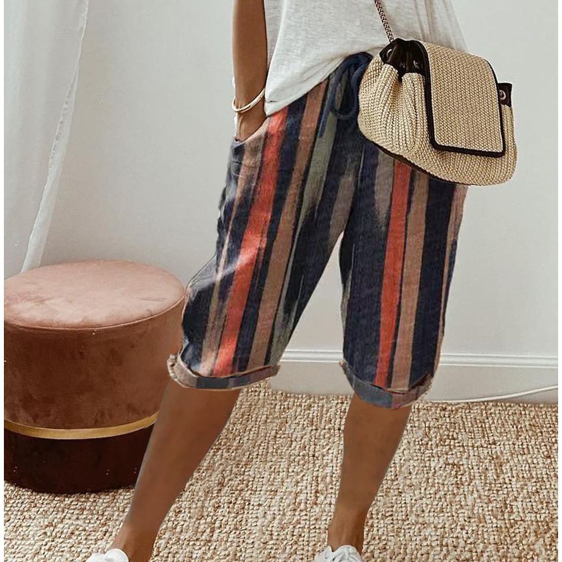 2024欧美跨境亚马逊独立站女士棉麻口袋松紧印花裤女裤五分裤