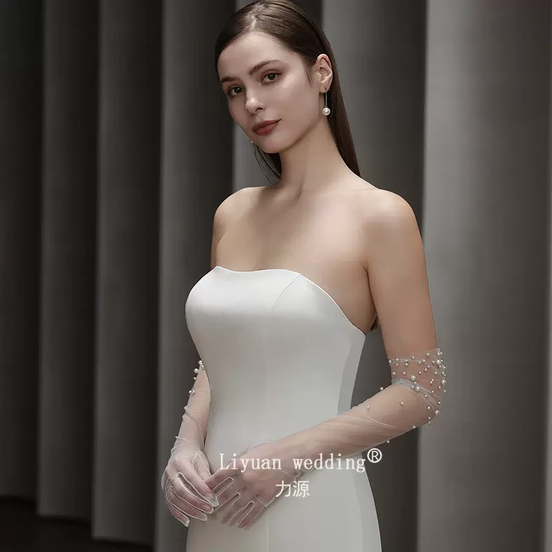 珍珠长款新娘手套拍照公主高级感cos白色网纱薄透明婚礼表演配饰