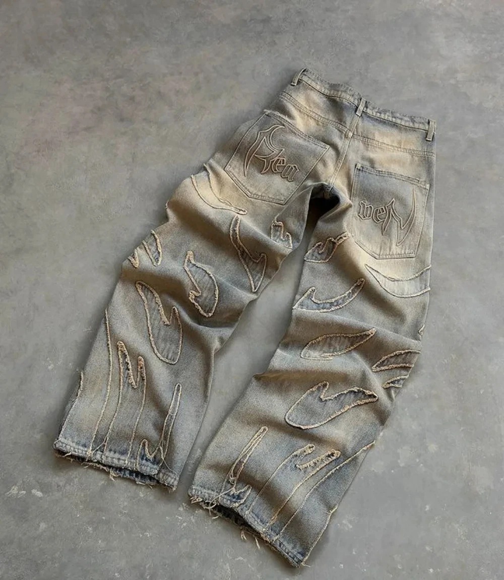 Transfronteiriço americano retro flame costura jeans de pernas largas y2k hip-hop punk bler bordado jeans para homens e mulheres