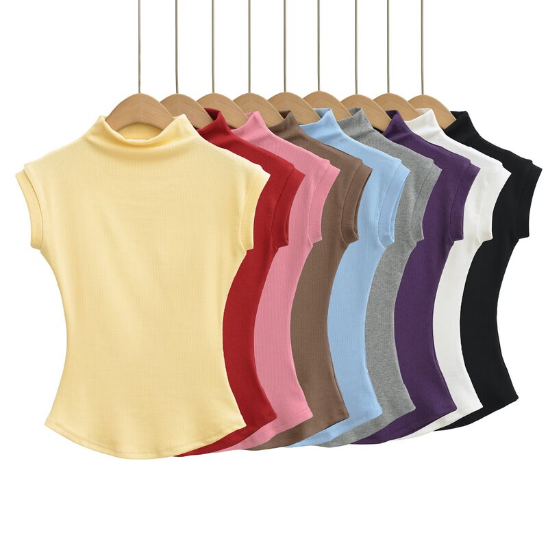 European and American 2025 Summer Half Turtleneck Sleeveless Tight Vest Women's T-Shirt Ant Waist Curved Edge Pure Color Bottoming Vest European and American 2025 Summer Half Turtleneck Sleeveless Tight Vest Women's T-Shirt Ant Waist Curved Edge Pure Color Bottoming Vest