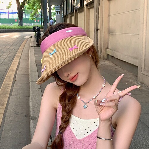 Colorful butterfly knot sun hat with large brim beach vacation sweet girl open-top hat grass-woven sun protection commuting sun hat