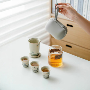 Blue and Flower Flint Red Travel Tea Set Portable Outdoor Pure Hand-painted Bamboo Shadow One Pot Three Cups Kung Fu Tea Set suit