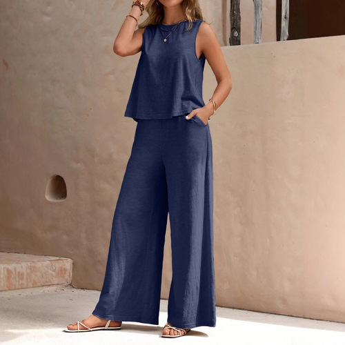 2025 Summer Two-piece Women's European and American Style Trendy All-match Loose Pullover Round Neck Casual Cotton Suit for Women