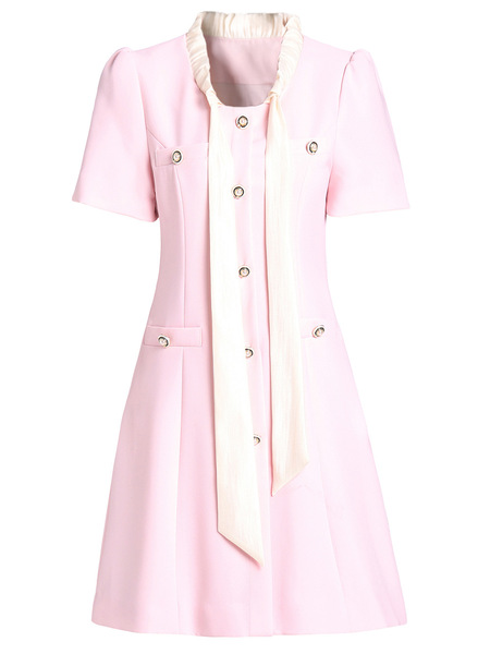 Neckline bow tie high waisted short sleeved A-line skirt