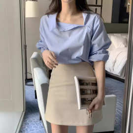 韩国春季简约翻领斜扣设计宽松百搭撞色条纹灯笼袖衬衫上衣女