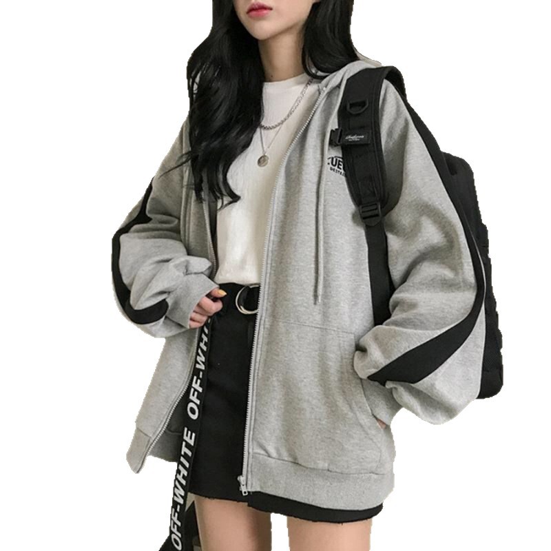 Sudadera de otoño e invierno para comercio exterior 2026, estilo coreano Harajuku, con letras bordadas, chaqueta con cremallera para mujer, a la moda, venta al por mayor transfronteriza, versión coreana.