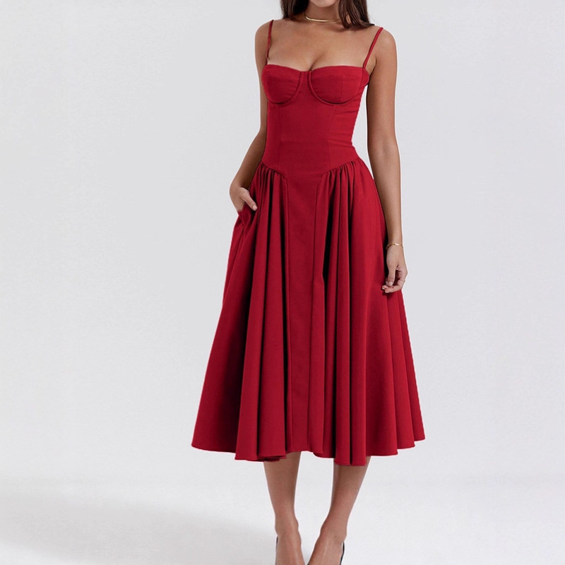 Amazon Summer European and American Popular Cross-Border Tube Top Dress New Waist Fashion Sexy Red Suspender Skirt for Women