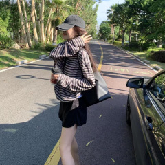 韩系防晒条纹长袖t恤女夏季宽松慵懒风松弛感百搭上衣休闲短裤子
