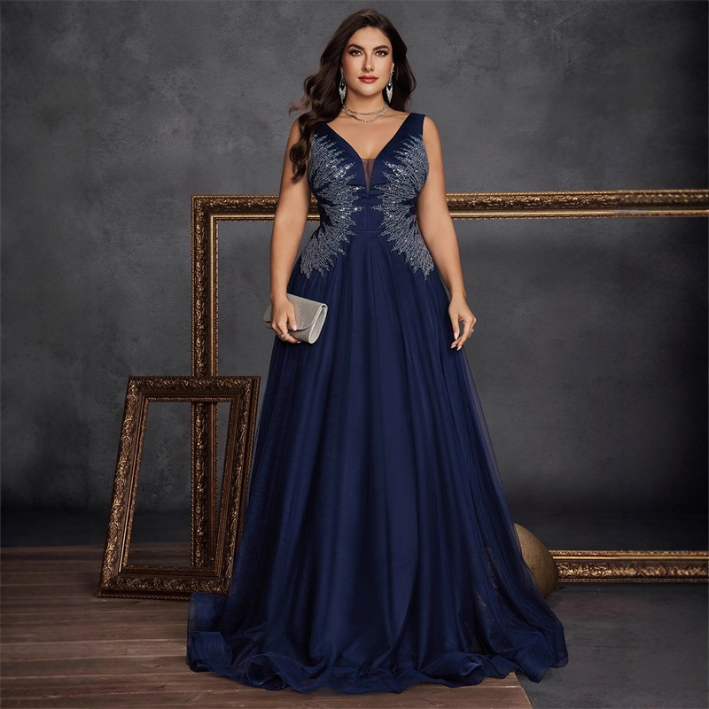 European and American Amazon New Plus Size Fat Woman Dress Elegant Cocktail Party Formal Evening Dress Embroidered Beaded Mother Dress