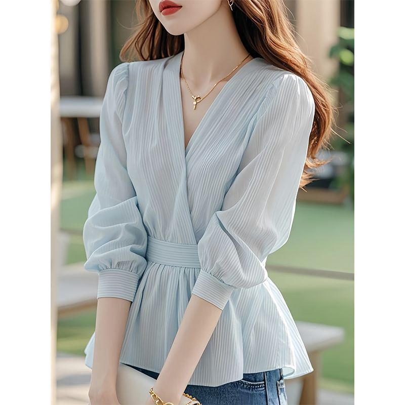 Early Autumn New Tops Women's French Style Light Luxury Shirts Spring and Autumn Blue Chiffon Shirts