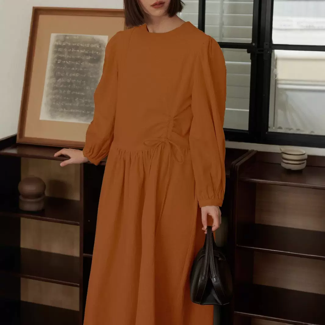 山自在 法式长裙 复古磨毛刺绣波浪磨毛棉连衣裙 百搭裙子221020