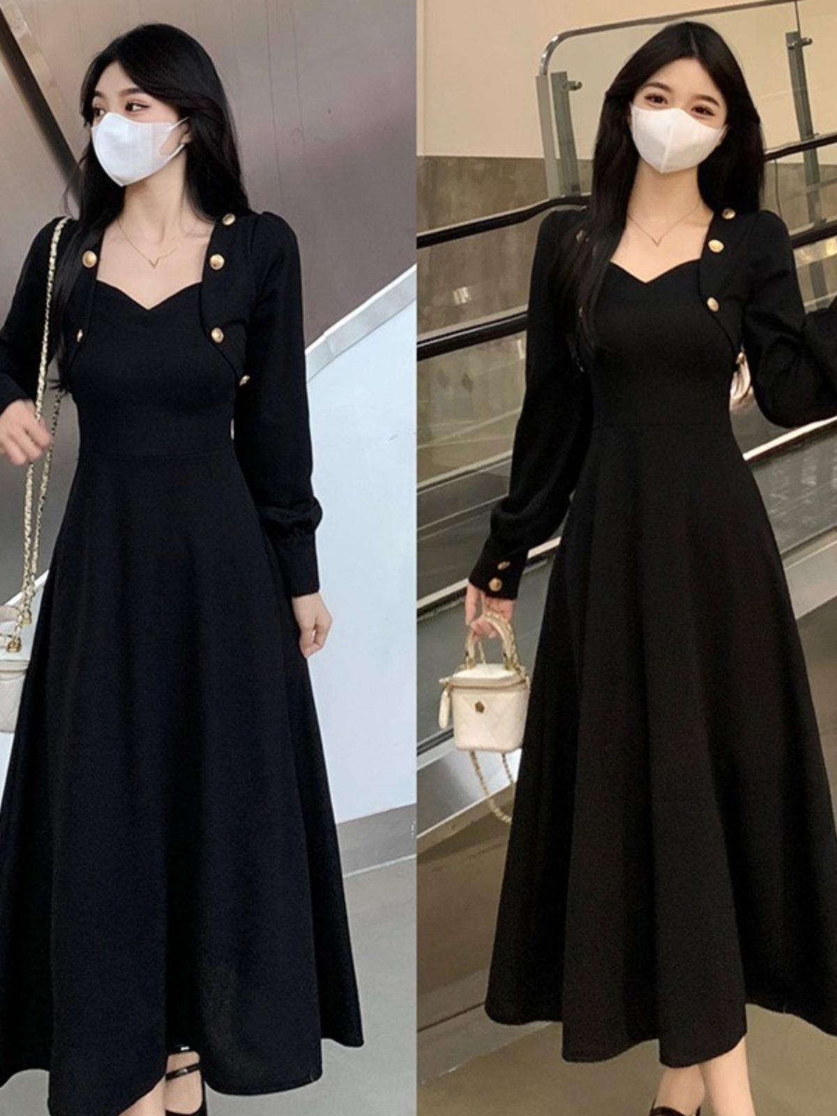 大码女装秋冬法式v领针织黑色连衣裙胖mm遮肉显瘦赫本风气质长裙