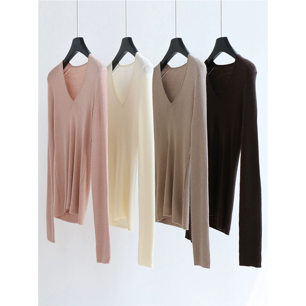Женский свитер из смесовой шерсти с 14 булавками, Базовая рубашка с V-образным вырезом и длинным рукавом, однотонный Универсальный пуловер на осень и зиму