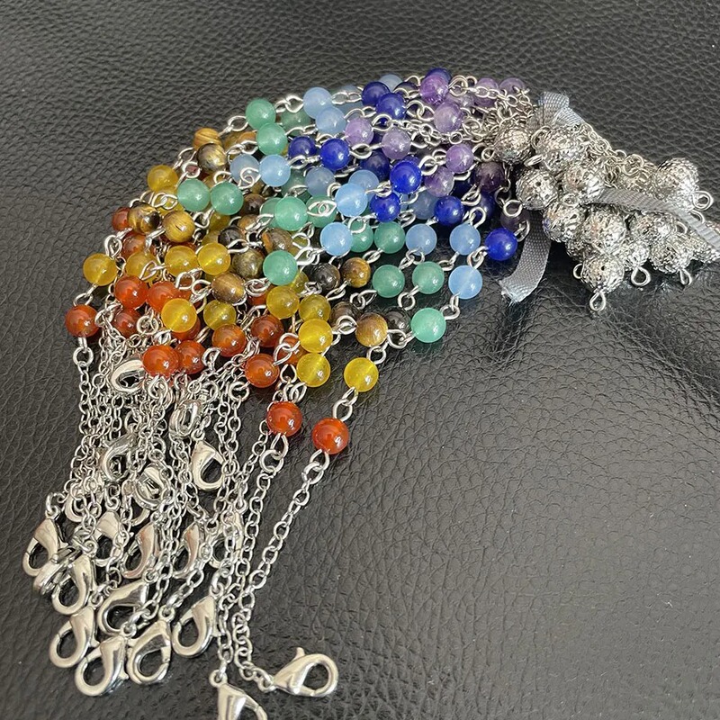 Amazon Jade Pendant Natural Hexagonal Column Pendulum Raw Stone Seven Color Bead Pendant Necklace Women's Yoga Jewelry