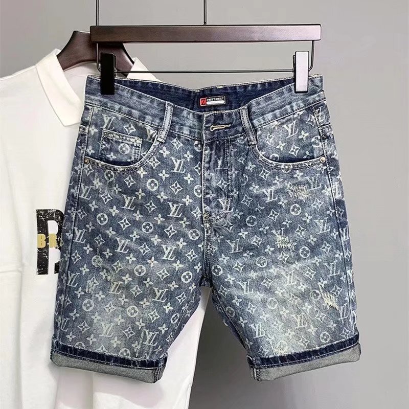 Men's Denim Shorts Summer New Style Personalized Printed Trendy Brand Five-Point Shorts Korean Version Trendy Slim Fit Versatile Mid-Length Shorts