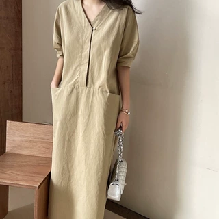 9585韩版chic设计抽绳泡泡袖衬衫裙2024春季长款V领连衣裙显瘦