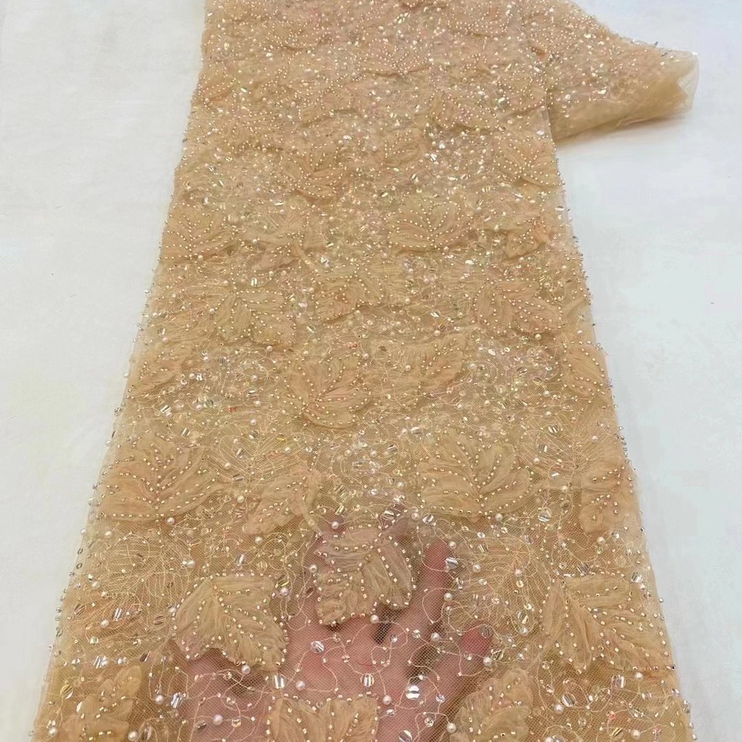 Hojas tridimensionales bordadas tela de malla bordada vestido de boda vestido