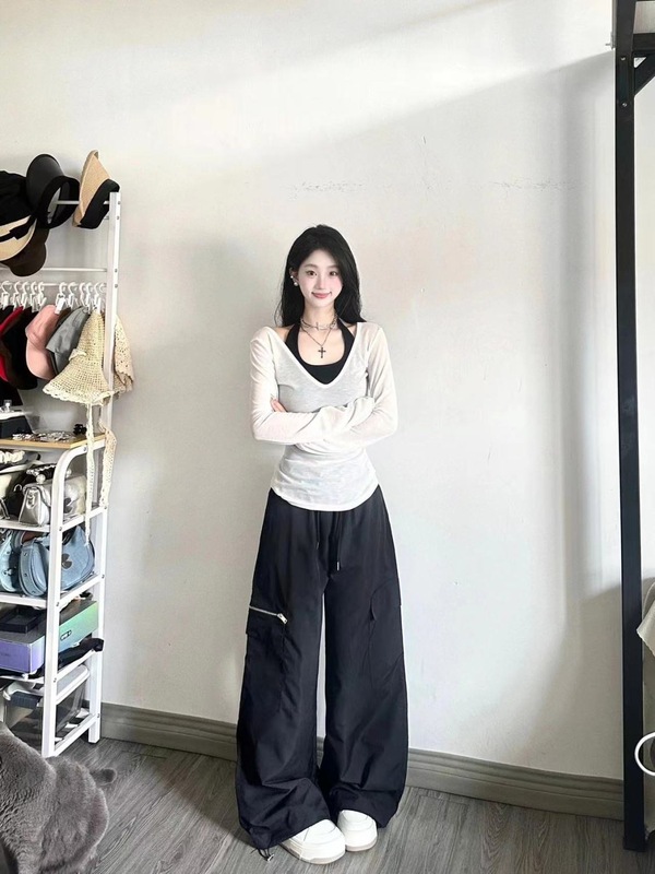 三件套女2025秋季纯欲风辣妹防晒长袖罩衫上衣吊带背心高腰阔腿裤|undefined