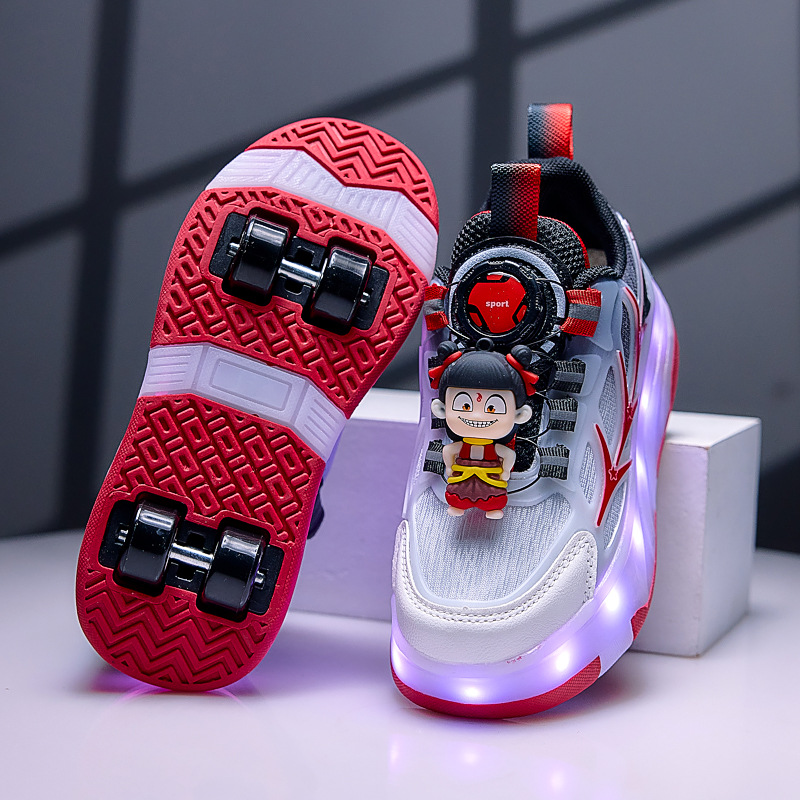 Nezha Rampage Shoes Four-Wheel Transforming Wheel Shoes Boys Charging Luminous Eight-Wheel Skates Wholesale Children's Sports Shoes