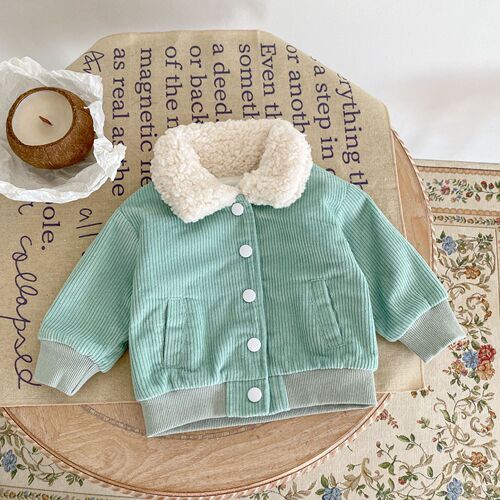  Autumn and Winter Versatile Infants and Girls Baby Corduroy Plush Lapel Cardigan Long Sleeve Top Jacket